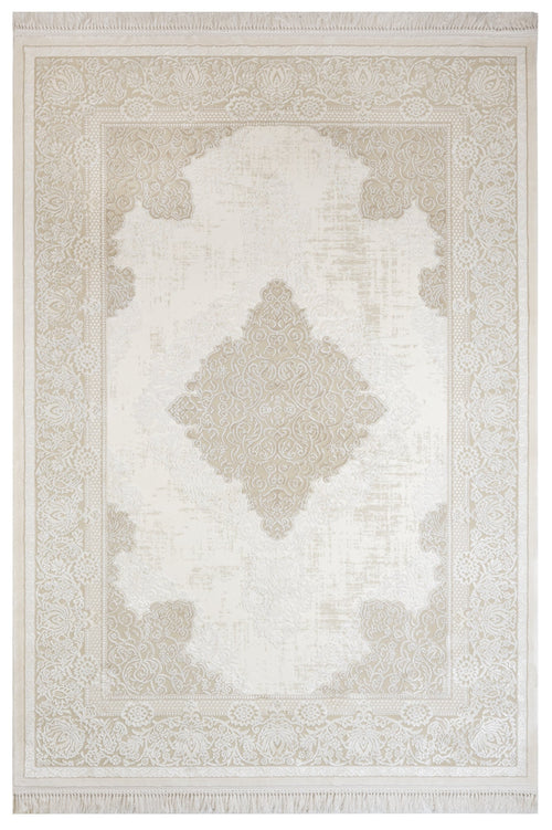 Classic Area Rug - Machine Made Fuchsia Beige Acrylic Carpet With Fringed Edges