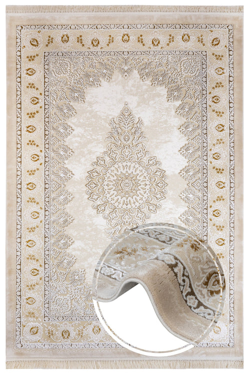 Machine Made Area Rug – Lilac Beige Classic Acrylic Carpet With Fringed Edges