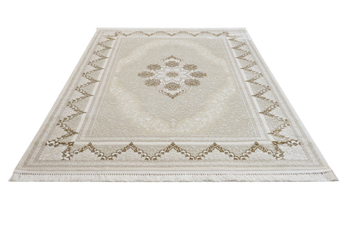 Classic Area Rug – Beige Machine Made Rug with Fringed Edges for Living Room