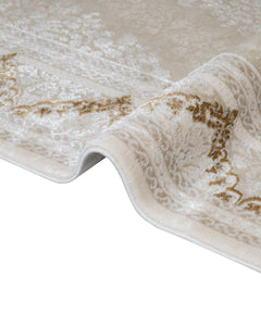 Classic Area Rug – Beige Machine Made Rug with Fringed Edges for Living Room