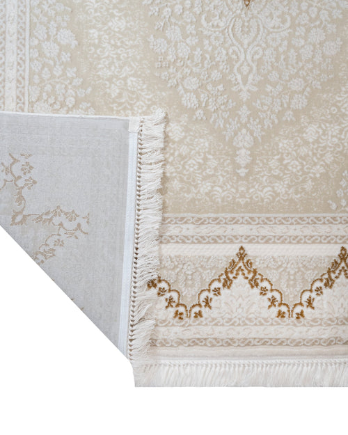 Classic Area Rug – Beige Machine Made Rug with Fringed Edges for Living Room