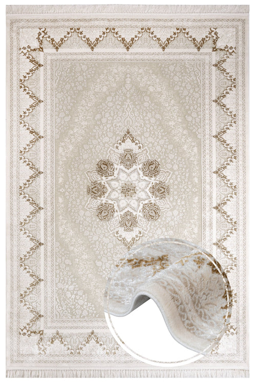 Classic Area Rug – Beige Machine Made Rug with Fringed Edges for Living Room