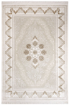 Classic Area Rug – Beige Machine Made Rug with Fringed Edges for Living Room