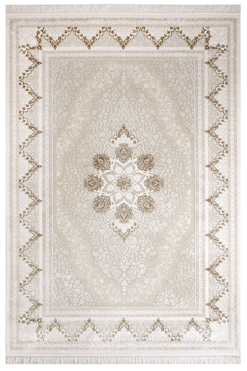 Classic Area Rug – Beige Machine Made Rug with Fringed Edges for Living Room