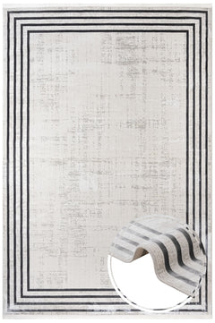 Cotton Area Rug - Hanife Grey Frame Machine Made Non Slip Washable Carpet