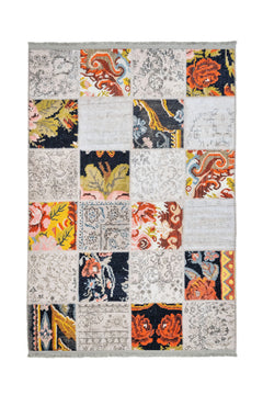 Patchwork Area Rug - White Cotton Chenille Carpet With Digital Print Design