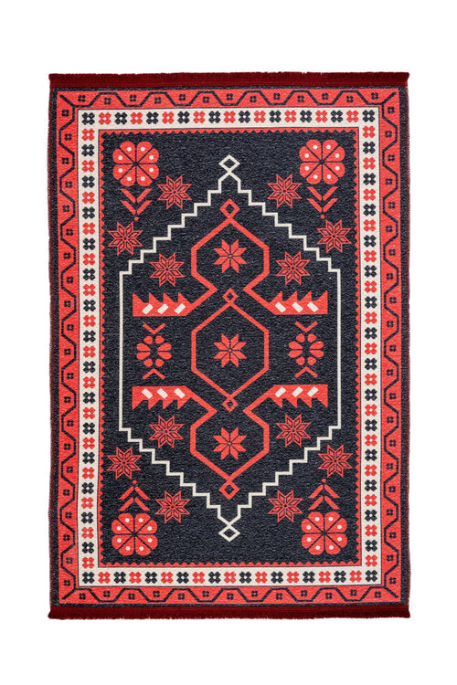 Cotton Chenille Area Rug – Black Frame Digital Print Carpet for Living Room