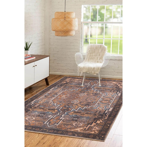 Digital Print Area Rug – Washable Non Slip Brown Medallion Cotton Carpet