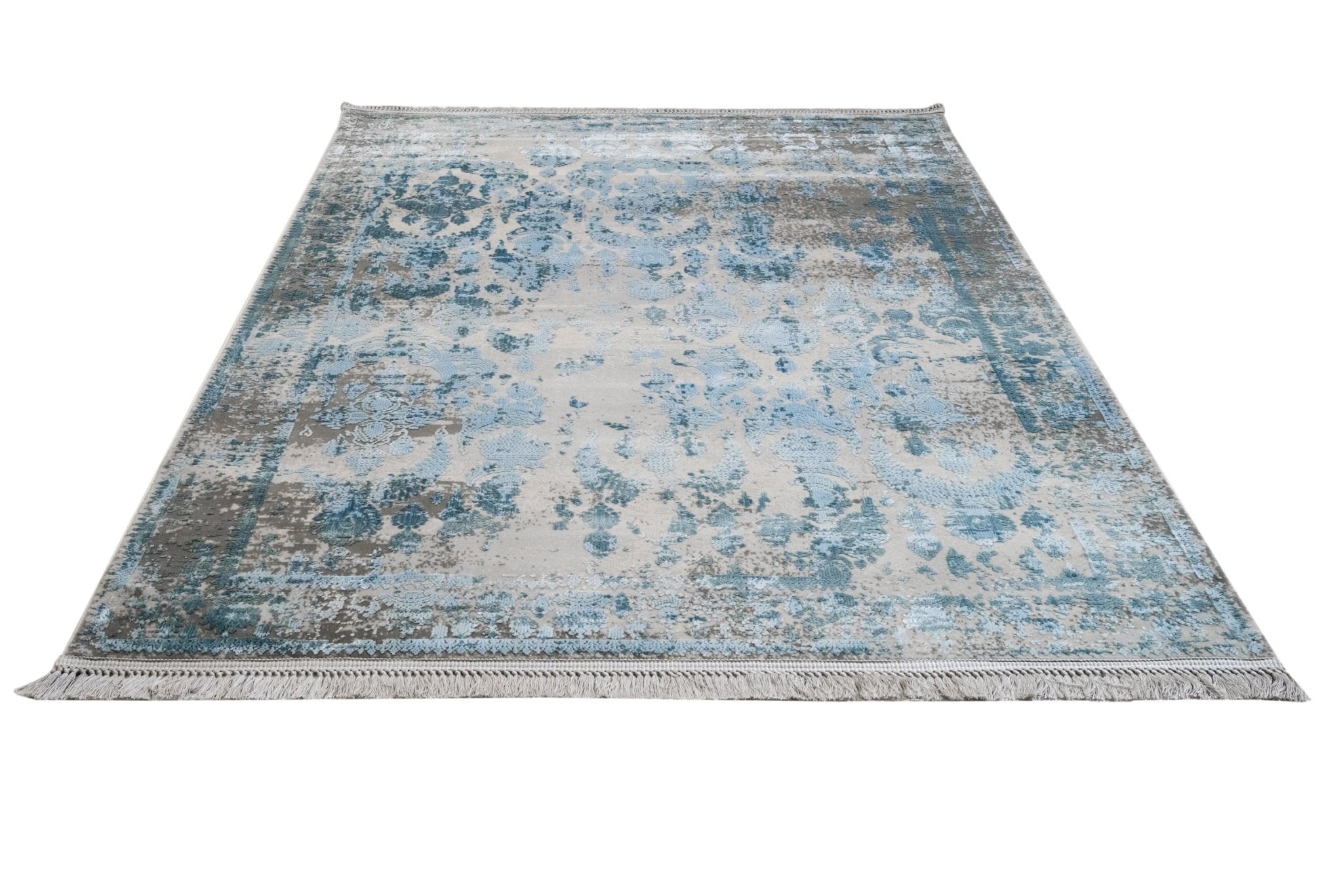 Vintage Viscose Area Rug – Blue Machine Made Fringed Edge Carpet for Living Room