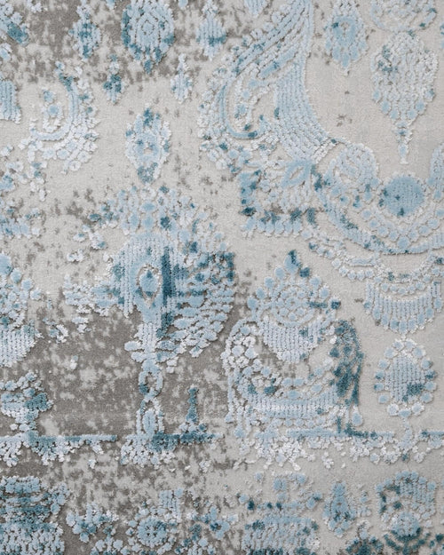 Vintage Viscose Area Rug – Blue Machine Made Fringed Edge Carpet for Living Room