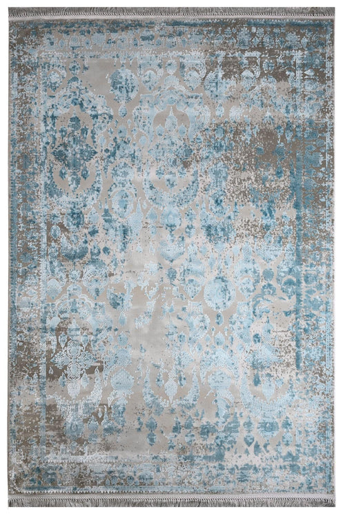 Vintage Viscose Area Rug – Blue Machine Made Fringed Edge Carpet for Living Room