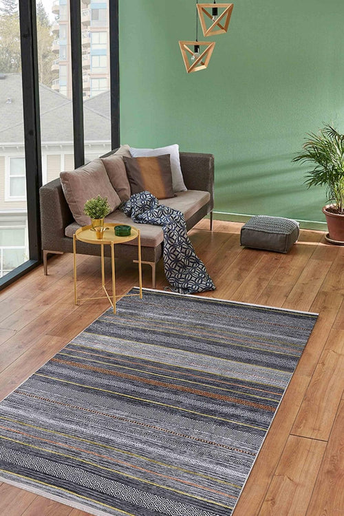 Anthracite Striped Area Rug - Digital Print Non Slip Carpet for Living Room