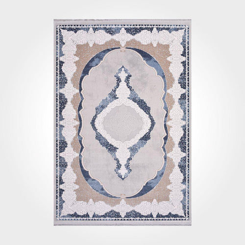 Machine Made Area Rug – Classic Grey Blue Frame Rug with Overlocked Edge
