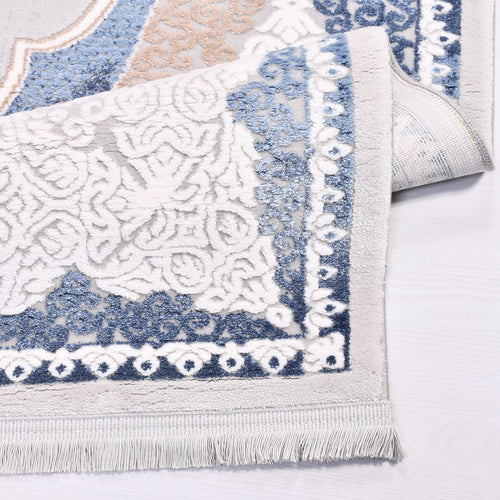 Machine Made Area Rug – Classic Grey Blue Frame Rug with Overlocked Edge