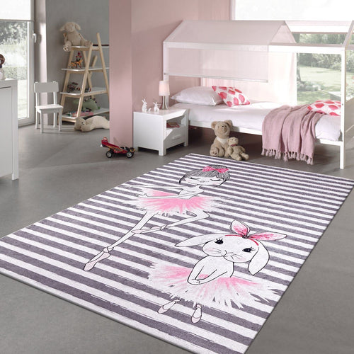 Kids Digital Print Rug - Washable Non Slip Pink Chenille & Cotton Yarn Carpet