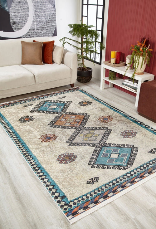 Beige Geometric Area Rug - Digital Print Carpet, Non Slip, Antibacterial, Washable Floor Rug