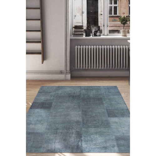 Blue Patchwork Area Rug – Washable Non Slip Cotton Carpet for Living Room