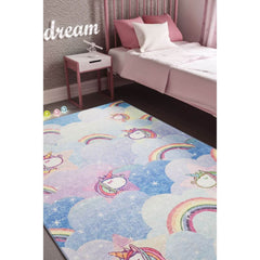 Kids Digital Print Rug – Washable Non Slip Blue Polyester Woven Carpet
