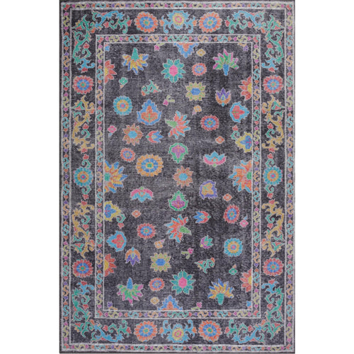 Black Floral Area Rug – Washable Non Slip Cotton Decorative Floor Carpet