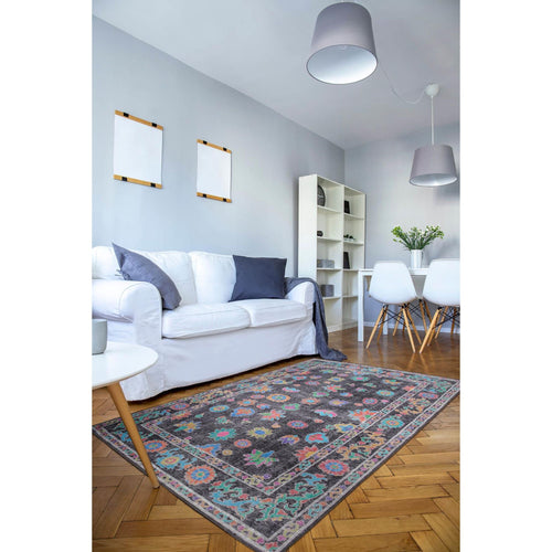 Black Floral Area Rug – Washable Non Slip Cotton Decorative Floor Carpet