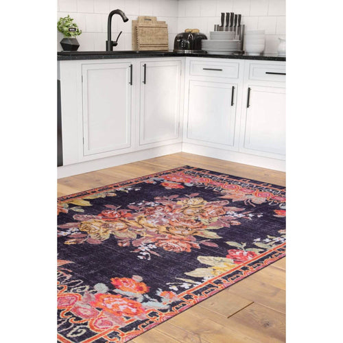 Black Floral Area Rug - Washable Non Slip Cotton Rug With Soft Microfiber & Thick Plush