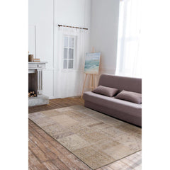 Beige Patchwork Area Rug – Washable Non Slip Cotton Floor Mat for Living Room