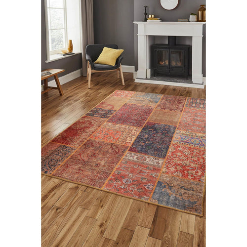 Digital Print Area Rug - Washable Non Slip Red Patchwork Cotton Carpet With Soft Microfiber