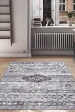 Ethnic Cotton Area Rug – Washable Non Slip Grey Soft Microfiber Carpet