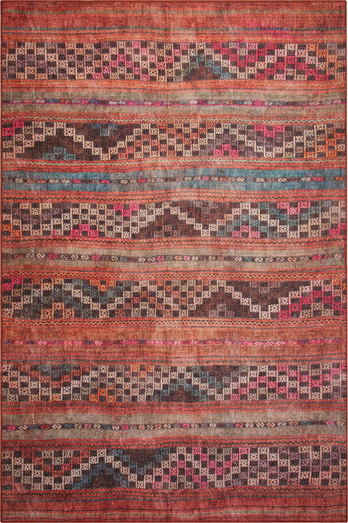 Red Ethnic Area Rug | Washable Non Slip Polyester Woven Cotton Area Rug