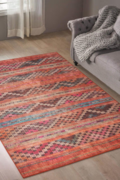Red Ethnic Area Rug | Washable Non Slip Polyester Woven Cotton Area Rug