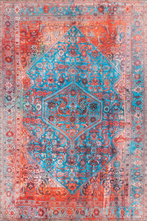 Digital Print Area Rug – Washable Non Slip Orange Medallion Cotton Rug