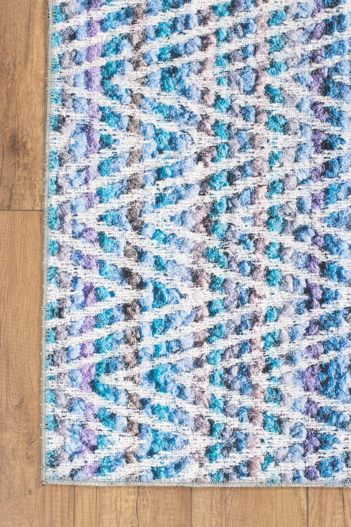 Blue Geometric Area Rug – Washable Non Slip Cotton Rug with High Resolution Print