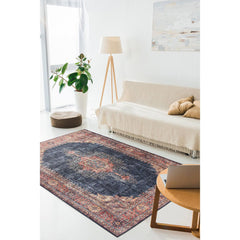 Navy Medallion Area Rug - Washable Non Slip Cotton Decorative Floor Covering
