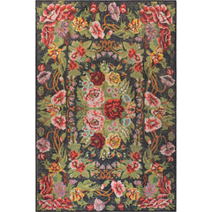 Digital Print Area Rug – Washable Non Slip Black Floral Cotton Rug for Living Room