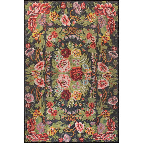 Digital Print Area Rug – Washable Non Slip Black Floral Cotton Rug for Living Room