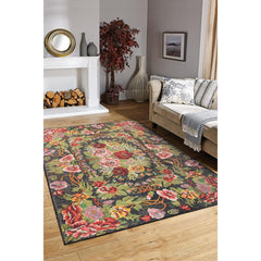 Digital Print Area Rug – Washable Non Slip Black Floral Cotton Rug for Living Room
