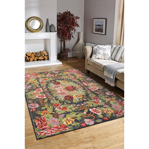 Digital Print Area Rug – Washable Non Slip Black Floral Cotton Rug for Living Room