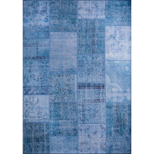 Blue Patchwork Area Rug - Washable Non Slip Cotton Microfiber Carpet for Living Room