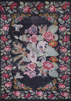 Black Floral Area Rug – Washable Non Slip Cotton Floral Pattern Carpet
