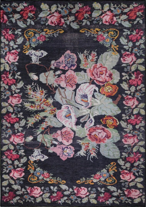 Black Floral Area Rug – Washable Non Slip Cotton Floral Pattern Carpet
