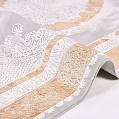 Machine Made Area Rug – Grey Gold Bamboo Rug with Overlocked Edge, Classic Framed