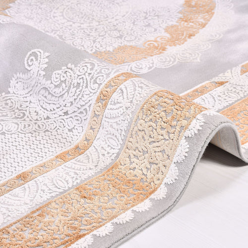 Machine Made Area Rug – Grey Gold Bamboo Rug with Overlocked Edge, Classic Framed