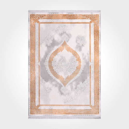 Machine Made Area Rug – Grey Gold Bamboo Rug with Overlocked Edge, Classic Framed