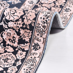 Chenille Area Rug – Washable Non Slip Navy Frame Kilim Rug with Classic Style