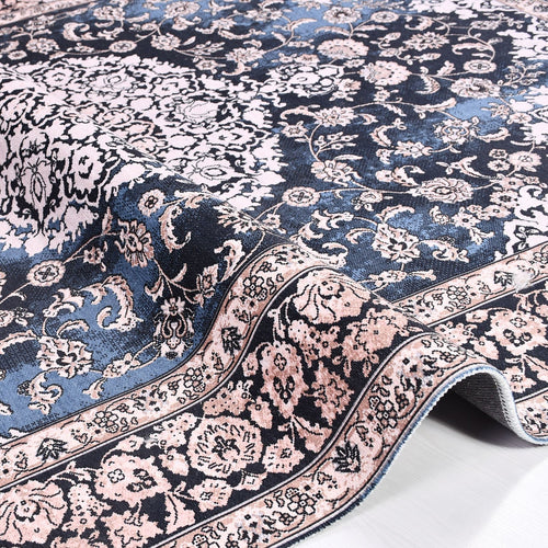 Chenille Area Rug – Washable Non Slip Navy Frame Kilim Rug with Classic Style