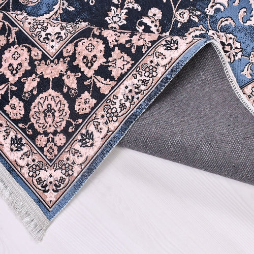 Chenille Area Rug – Washable Non Slip Navy Frame Kilim Rug with Classic Style