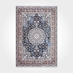 Chenille Area Rug – Washable Non Slip Navy Frame Kilim Rug with Classic Style