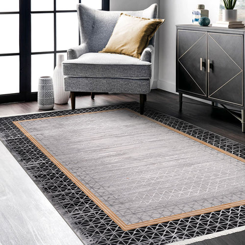 Viscose Area Rug – Machine Made Grey Frame Rug with Overlocked Edge Finish