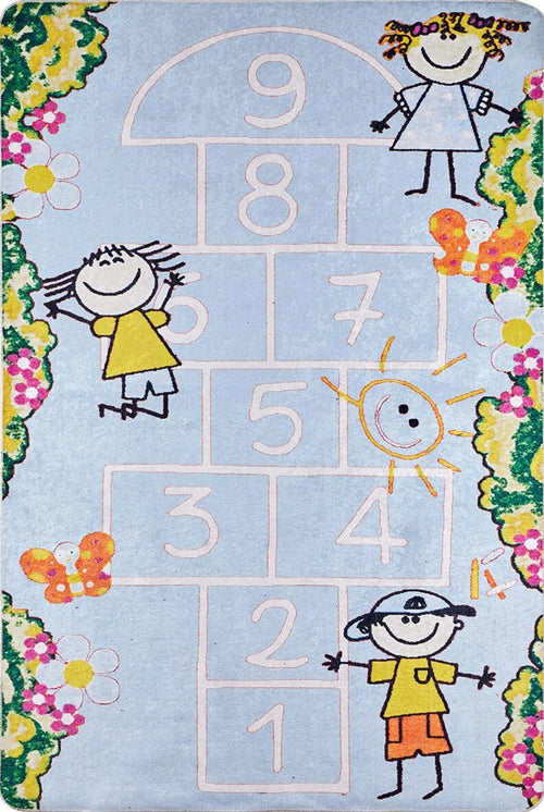 Kids Digital Print Rug – Blue Figured Children's Area Rug, Non Slip & Antibacterial