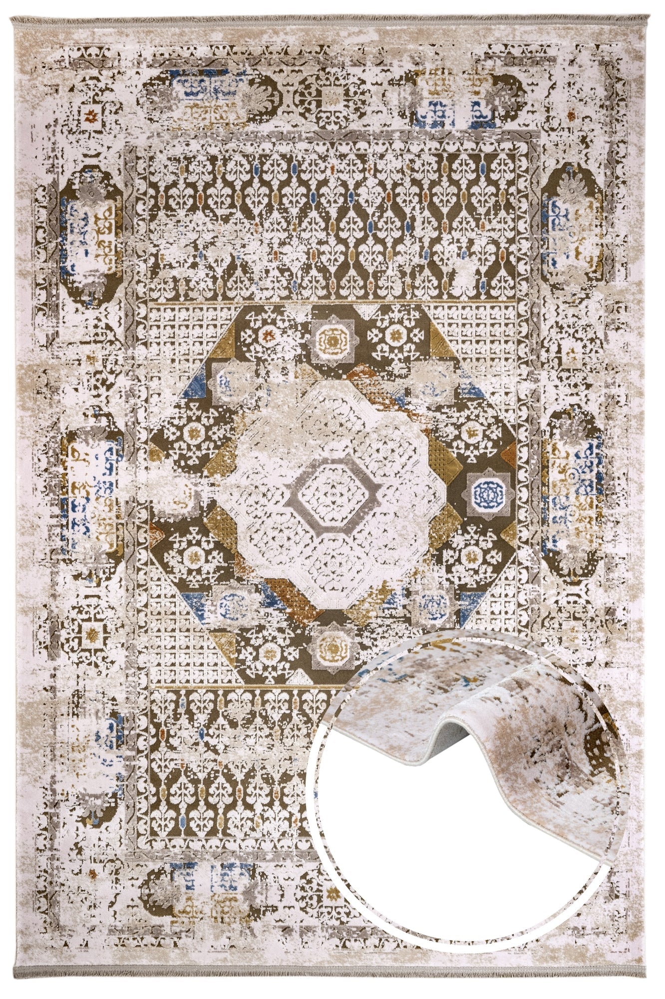 Vintage Viscose Area Rug – Brown Machine Made Rug with Fringed Edges for Living Room